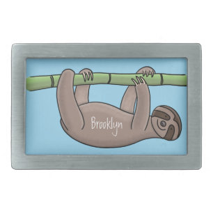 Cute smiling sloth on bamboo cartoon illustration belt buckle