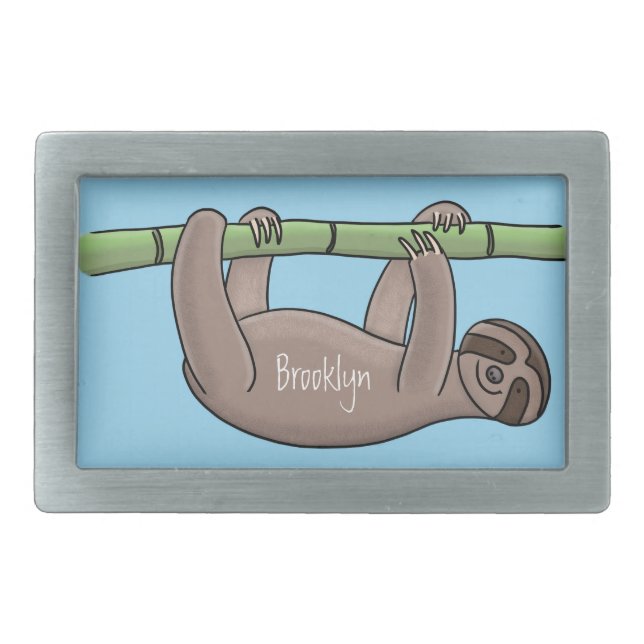 Cute smiling sloth on bamboo cartoon illustration belt buckle (Front)