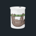 Cute smiling sloth on bamboo cartoon illustration beverage pitcher<br><div class="desc">This cute,  happy sloth is hanging on a green bamboo. All done in adorable cartoon illustration style.</div>