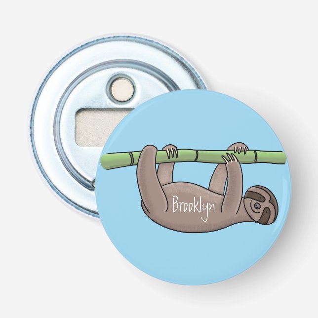 Cute smiling sloth on bamboo cartoon illustration bottle opener (Front)