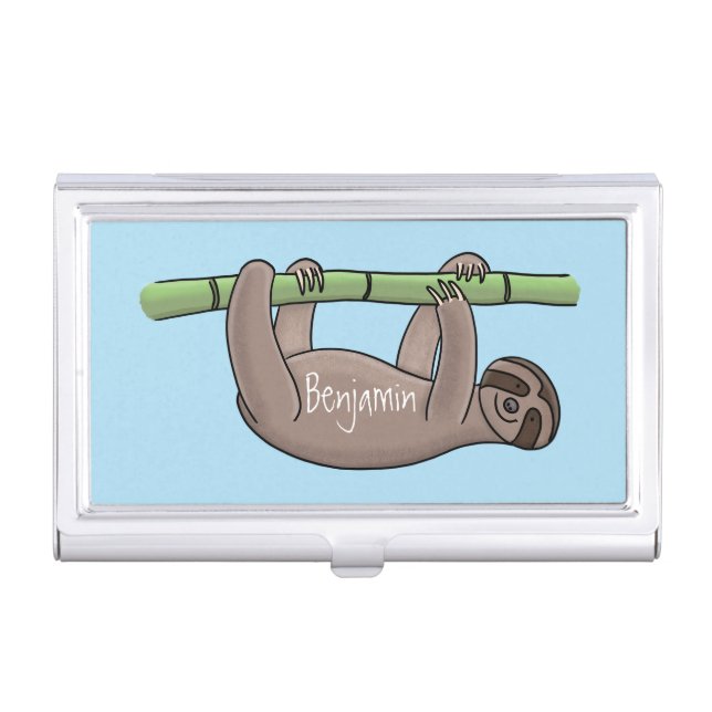 Cute smiling sloth on bamboo cartoon illustration business card case (Front)