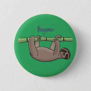 Cute smiling sloth on bamboo cartoon illustration button