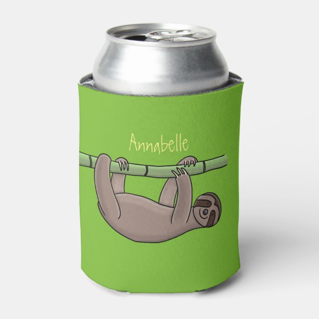 Cute smiling sloth on bamboo cartoon illustration can cooler (Can Front)
