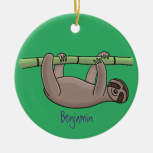 Cute smiling sloth on bamboo cartoon illustration ceramic ornament