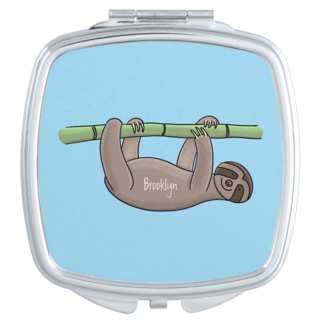 Cute smiling sloth on bamboo cartoon illustration compact mirror (Front)