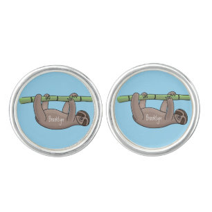 Cute smiling sloth on bamboo cartoon illustration cufflinks