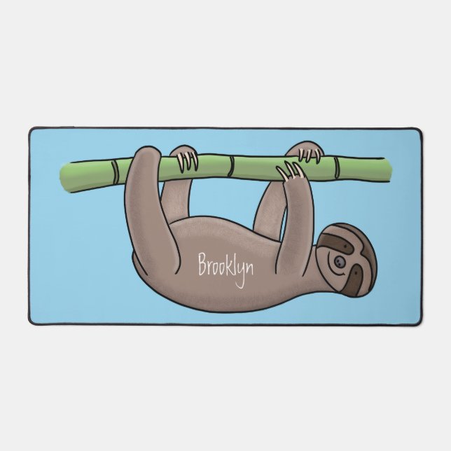 Cute smiling sloth on bamboo cartoon illustration desk mat (Front)