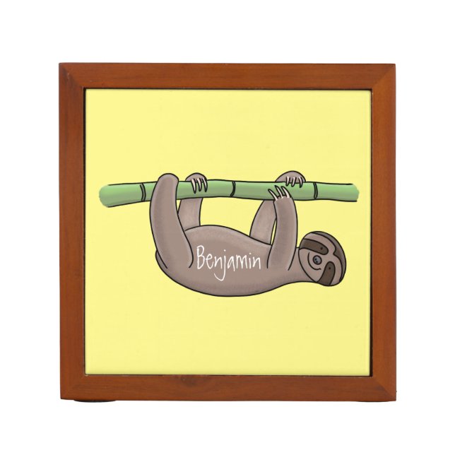 Cute smiling sloth on bamboo cartoon illustration desk organizer (Front)