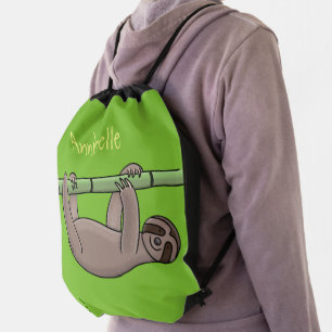 Cute smiling sloth on bamboo cartoon illustration drawstring bag