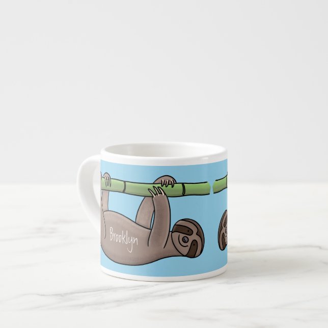 Cute smiling sloth on bamboo cartoon illustration espresso cup (Front Left)