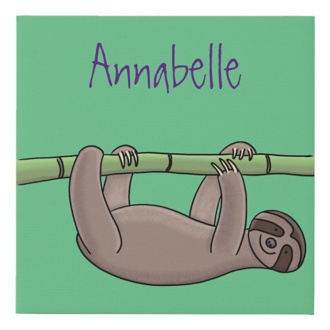 Cute smiling sloth on bamboo cartoon illustration faux canvas print (Front)