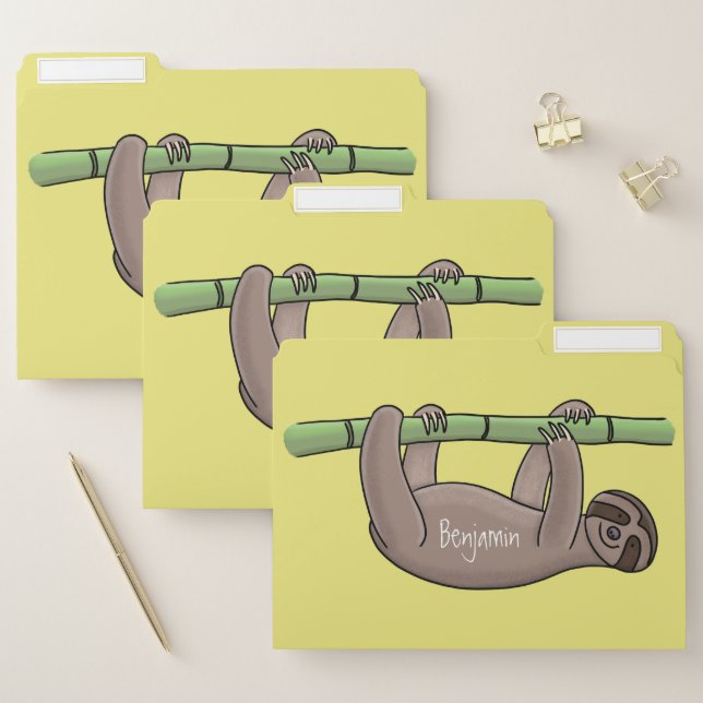 Cute smiling sloth on bamboo cartoon illustration file folder (Set)