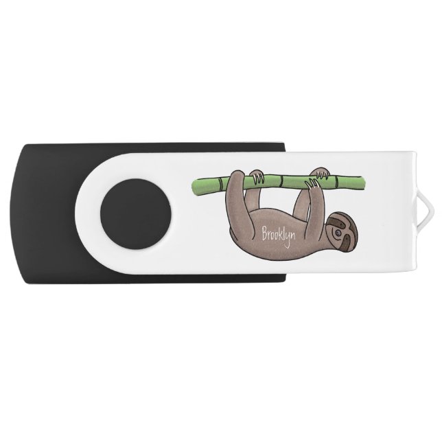 Cute smiling sloth on bamboo cartoon illustration flash drive (Front)