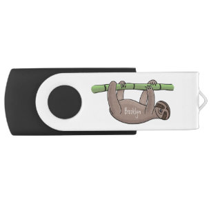 Cute smiling sloth on bamboo cartoon illustration flash drive