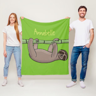 Cute smiling sloth on bamboo cartoon illustration fleece blanket