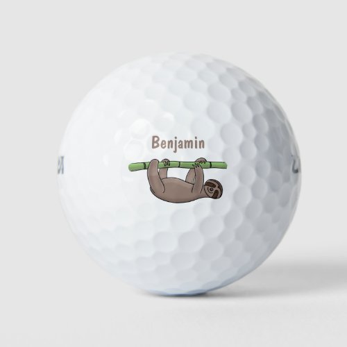 Cute smiling sloth on bamboo cartoon illustration golf balls