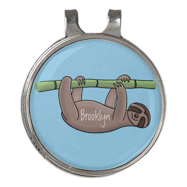Cute smiling sloth on bamboo cartoon illustration golf hat clip (Front)