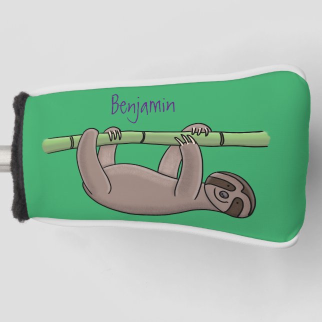 Cute smiling sloth on bamboo cartoon illustration golf head cover (Front)