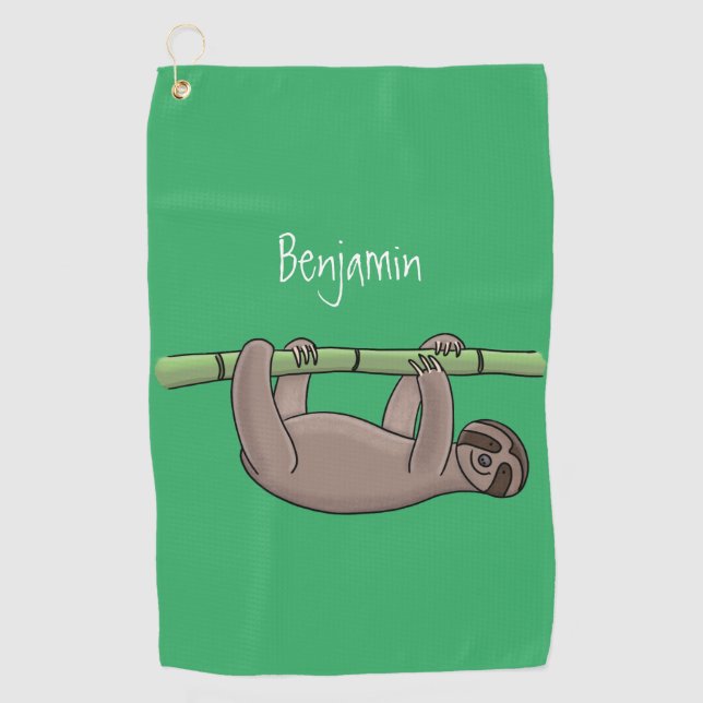 Cute smiling sloth on bamboo cartoon illustration  golf towel (Front)