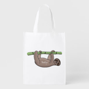 Cute smiling sloth on bamboo cartoon illustration grocery bag