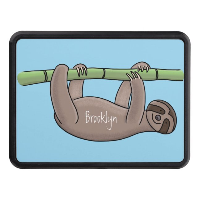 Cute smiling sloth on bamboo cartoon illustration hitch cover (Front)