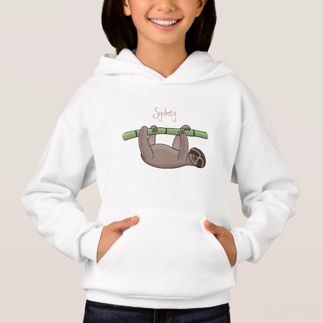 Cute smiling sloth on bamboo cartoon illustration hoodie (Front)