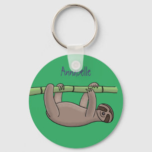 Cute smiling sloth on bamboo cartoon illustration keychain