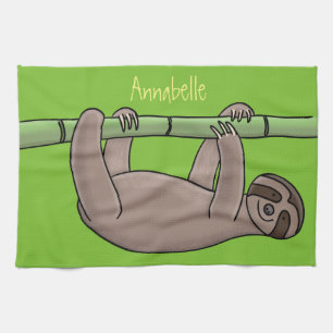 Cute smiling sloth on bamboo cartoon illustration kitchen towel