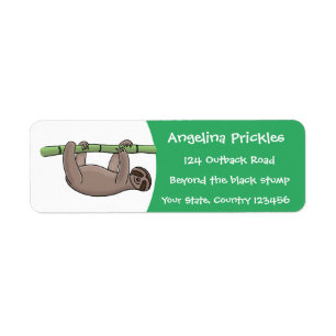 Cute smiling sloth on bamboo cartoon illustration label