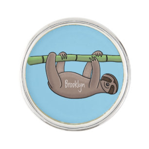 Cute smiling sloth on bamboo cartoon illustration lapel pin