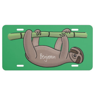 Cute smiling sloth on bamboo cartoon illustration license plate
