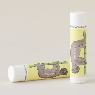 Cute smiling sloth on bamboo cartoon illustration lip balm