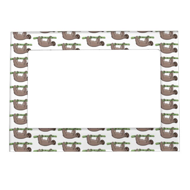 Cute smiling sloth on bamboo cartoon illustration magnetic frame (Front)