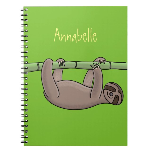 Cute smiling sloth on bamboo cartoon illustration notebook (Front)