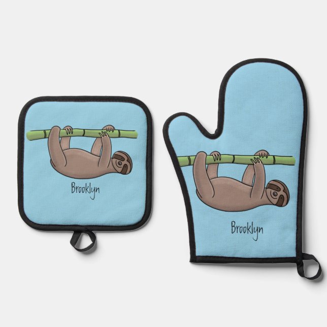 Cute smiling sloth on bamboo cartoon illustration oven mitt & pot holder set (Front)