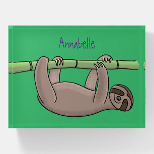 Cute smiling sloth on bamboo cartoon illustration paperweight