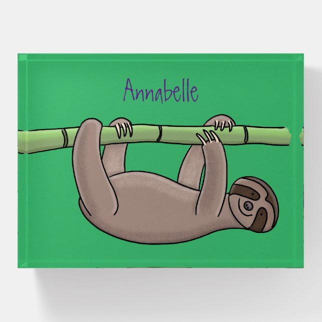 Cute smiling sloth on bamboo cartoon illustration paperweight (Front)