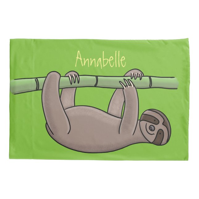 Cute smiling sloth on bamboo cartoon illustration pillow case (Back)