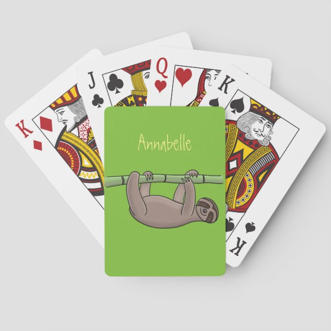 Cute smiling sloth on bamboo cartoon illustration poker cards (Back)