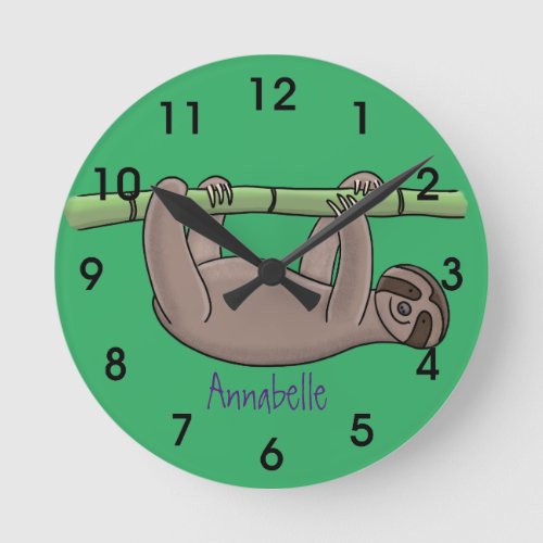 Cute smiling sloth on bamboo cartoon illustration round clock