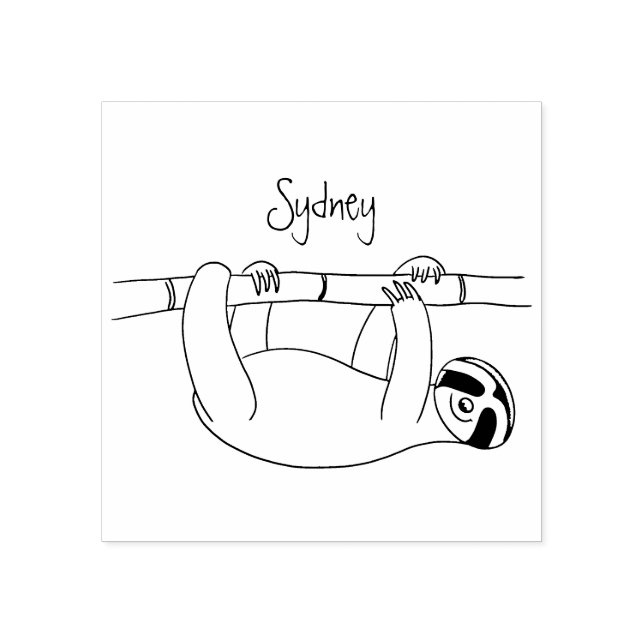 Cute smiling sloth on bamboo cartoon illustration rubber stamp (Imprint)