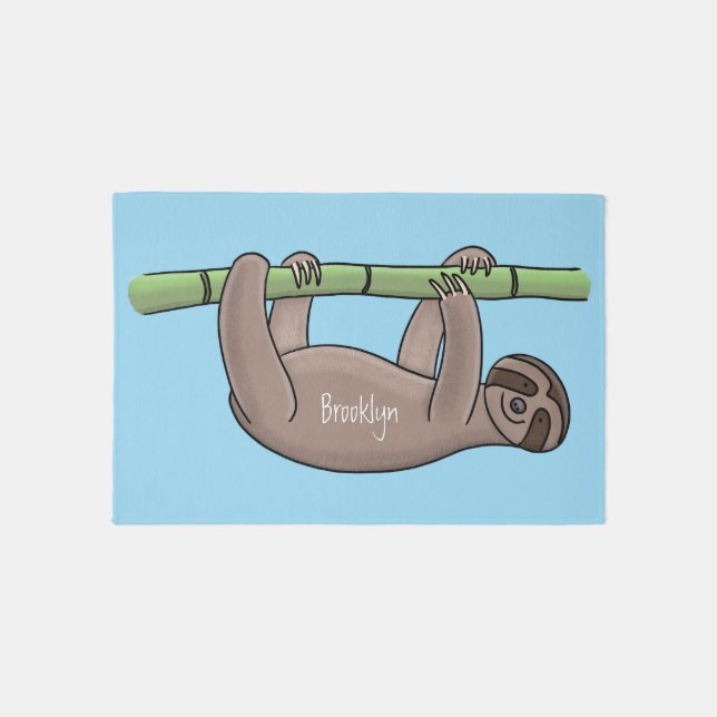 Cute smiling sloth on bamboo cartoon illustration rug (Front)