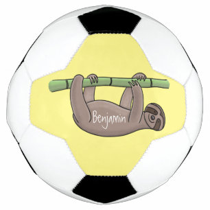 Cute smiling sloth on bamboo cartoon illustration soccer ball