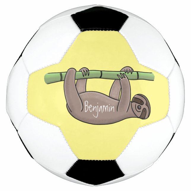 Cute smiling sloth on bamboo cartoon illustration soccer ball (Front)