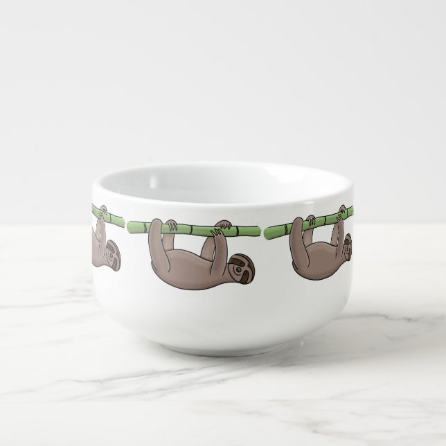 Cute smiling sloth on bamboo cartoon illustration soup mug (Front)