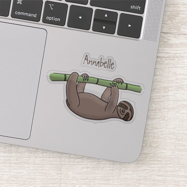 Cute smiling sloth on bamboo cartoon illustration sticker (Detail)