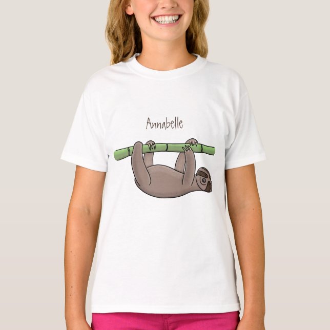Cute smiling sloth on bamboo cartoon illustration T-Shirt (Front)