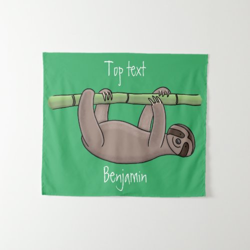 Cute smiling sloth on bamboo cartoon illustration  tapestry