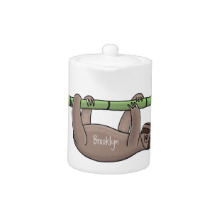 Cute smiling sloth on bamboo cartoon illustration teapot