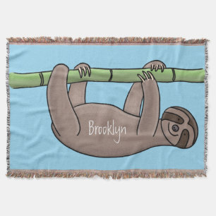 Cute smiling sloth on bamboo cartoon illustration throw blanket